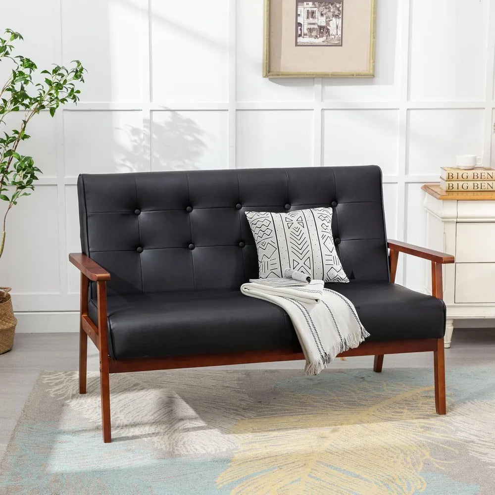 Black Small Leather Couch Mid Century Loveseat Office Booth Seating