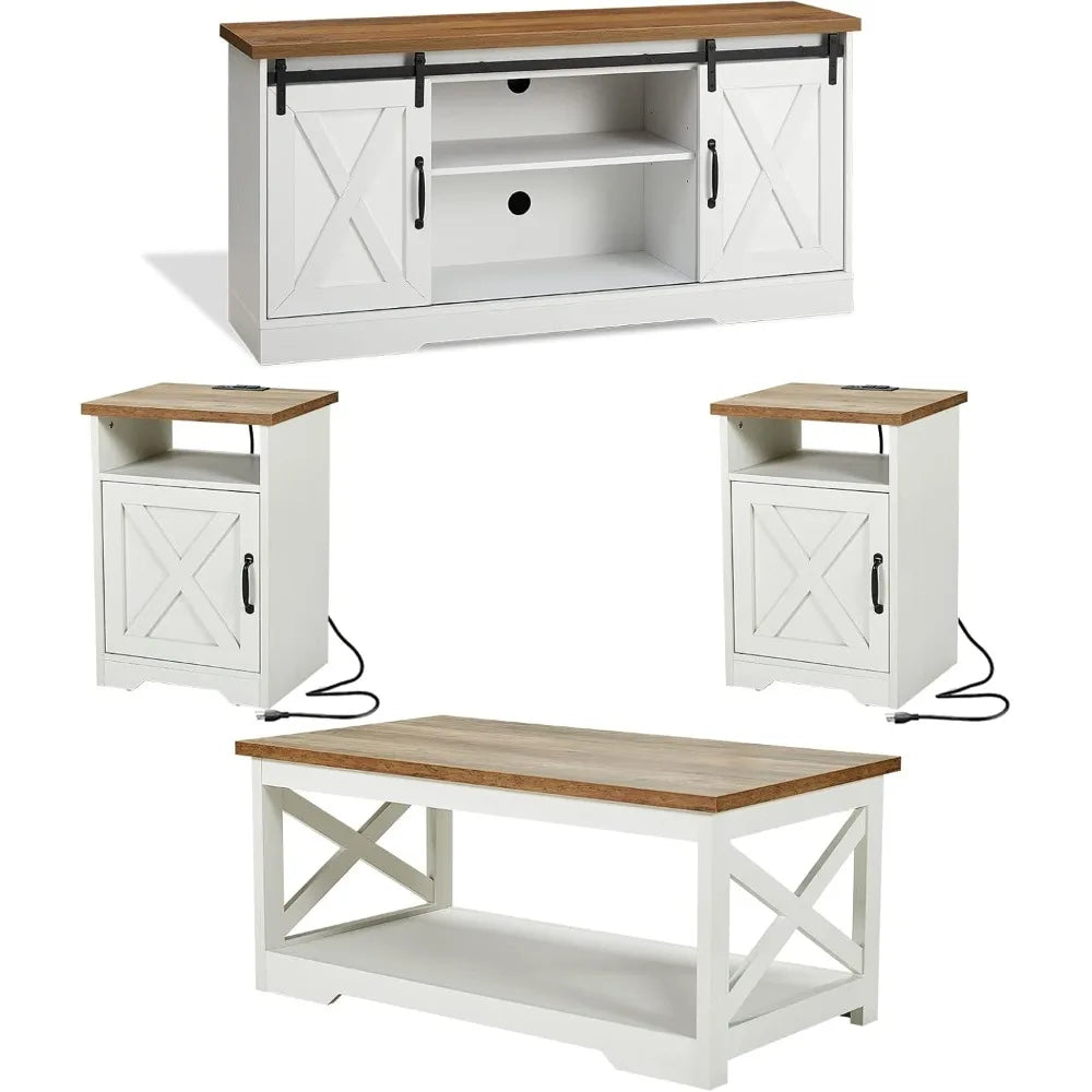 4-Piece Farmhouse Table Set with Barn Door TV Stand Coffee Table End Tables