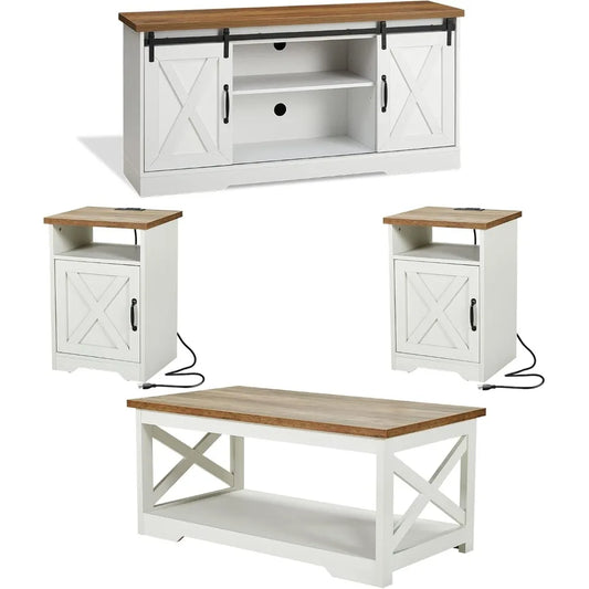 4-Piece Farmhouse Table Set with Barn Door TV Stand Coffee Table End Tables