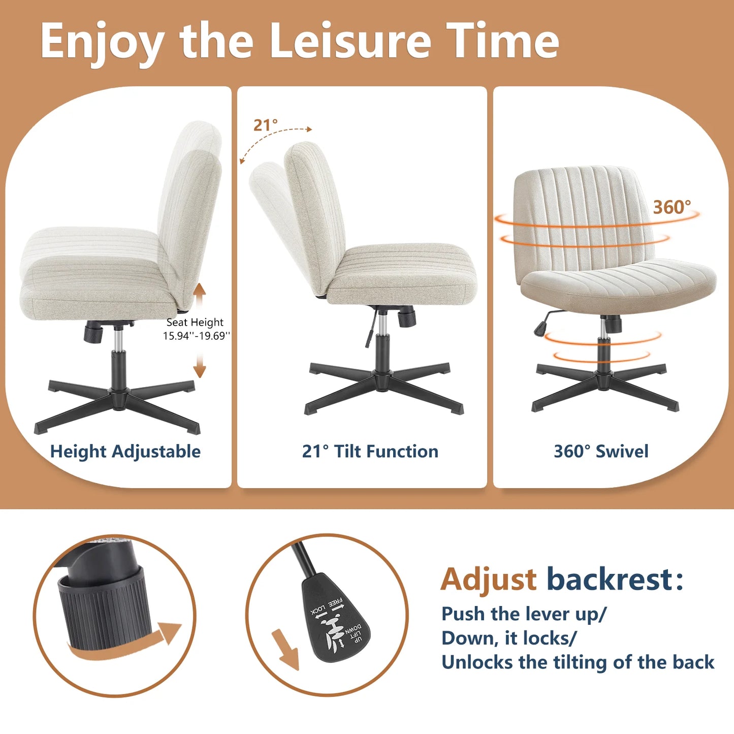 Ljustra Adjustable Swivel Rocking Chair Armless Office Gaming Chair