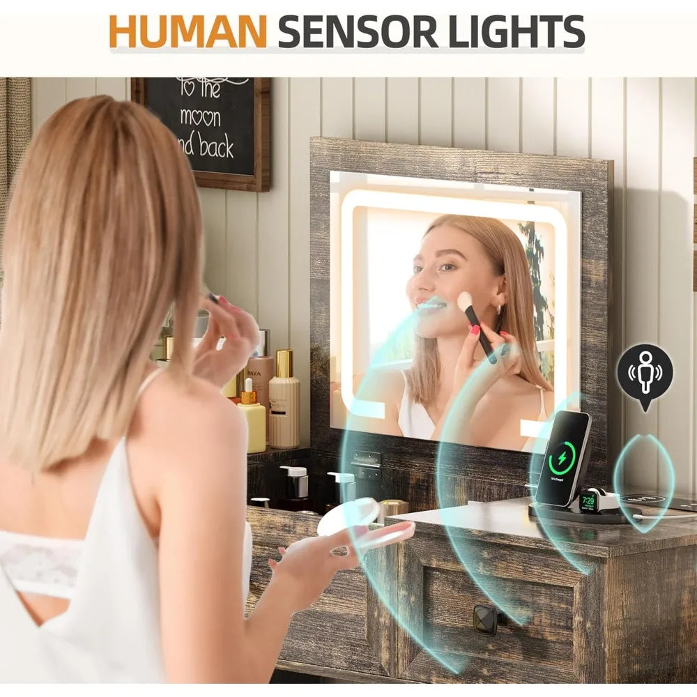 3-in-1 Vanity Desk with LED Lights and Mirror Compact Makeup Table