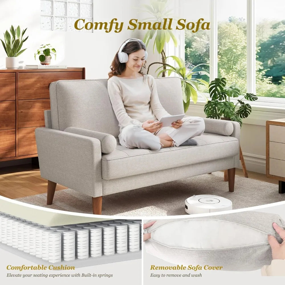Modern 48" Linen Loveseat Sofa 2-Seater Couch with Pillow for Small Spaces Apartment