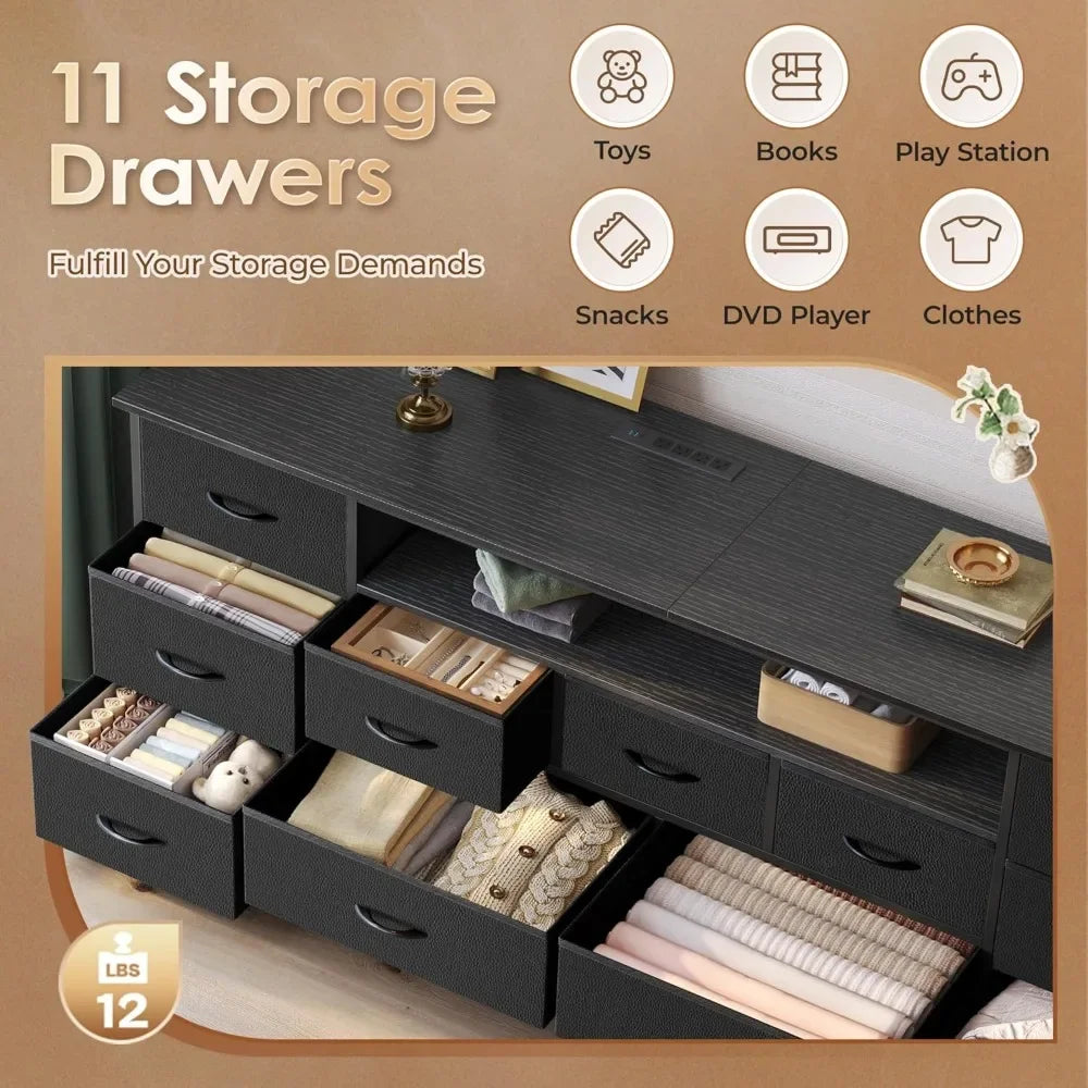 63 Inch TV Stand Dresser with LED Lights Power Outlets 11 Drawers Storage