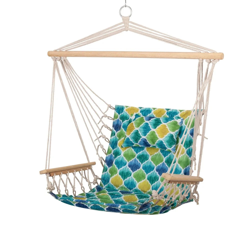 Hammock Chair with Pillow Wooden Arms Durable Poly-Cotton Indoor Outdoor