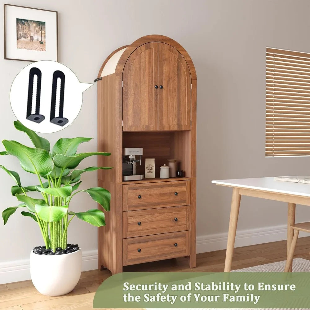 71 Inch Tall Arched Kitchen Pantry Cabinet with Microwave Shelf Storage