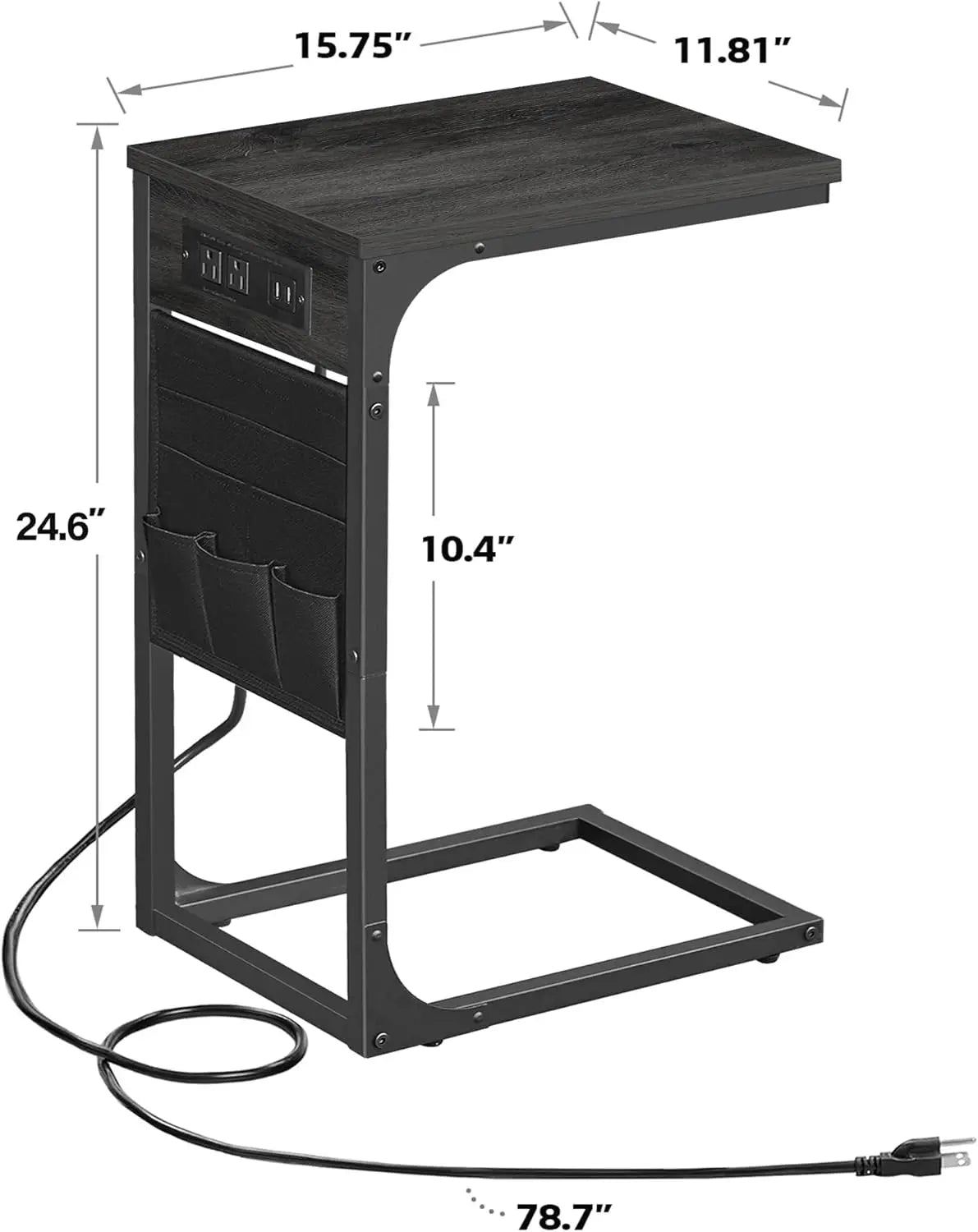 C Shaped End Table Set with USB Ports for Sofa Couch Storage Bag