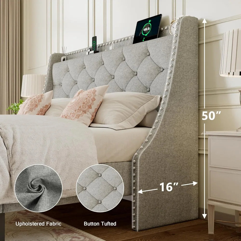 Full Size Bed Frame Wingback Tufted Storage Headboard with AC Ports