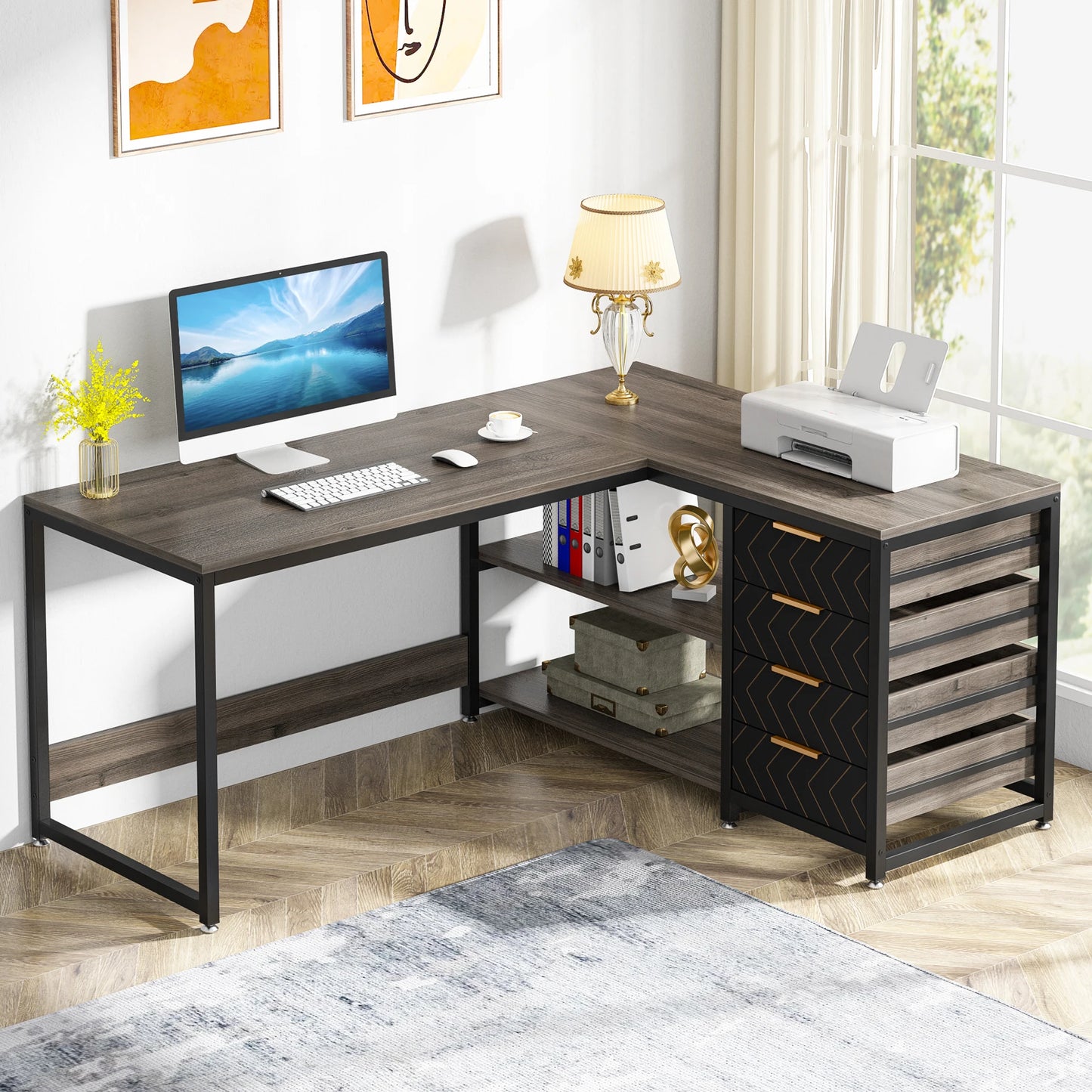 L Shaped Computer Desk with Storage Drawers Reversible Corner Desk