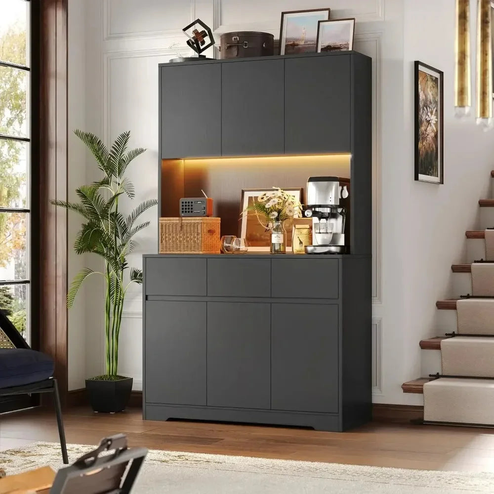 71 Inch Tall Kitchen Pantry Storage Cabinet with Power Outlets and LED Lights