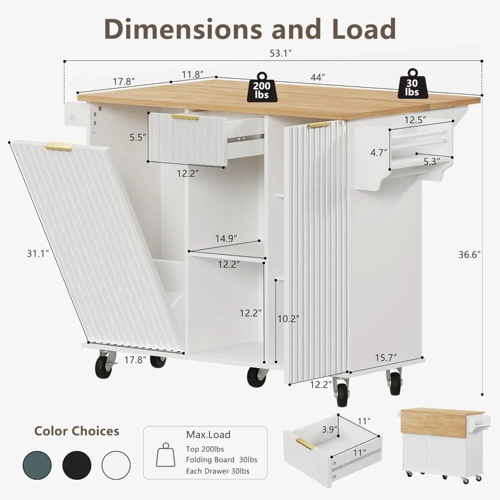 Rolling Kitchen Island with Trash Can Storage and Drop Leaf Design