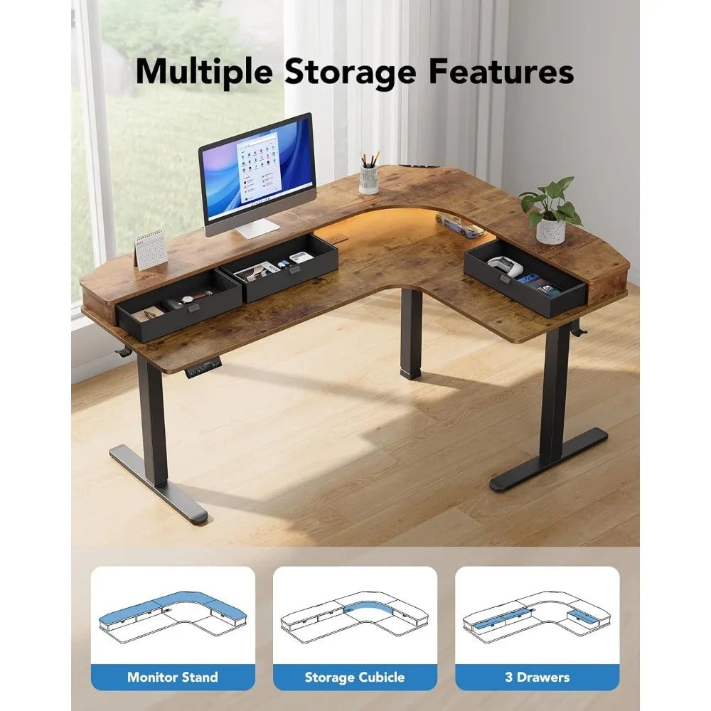 65 Inch L Shaped Electric Height Adjustable Standing Desk with Power Outlets