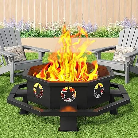 43 Inch Outdoor Fire Pit Octagonal Heavy Duty Wood Burning Firepit