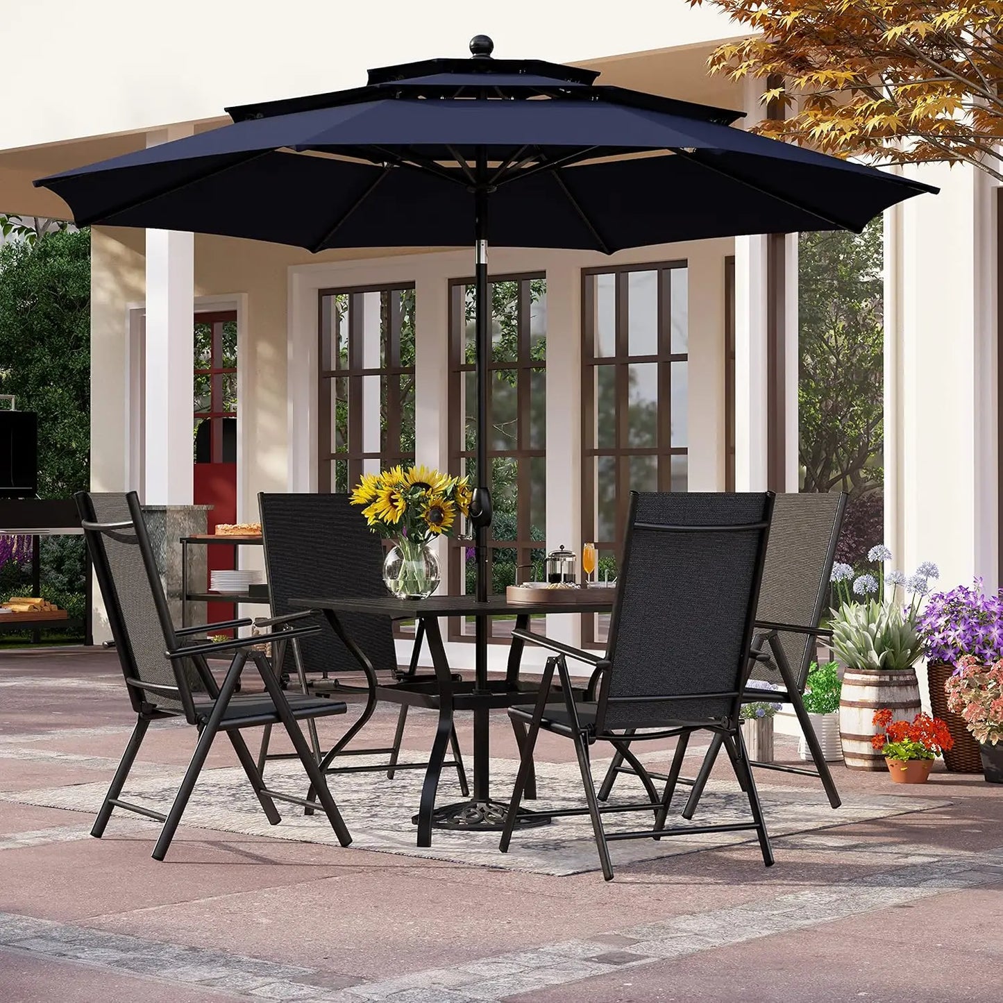 Outdoor Patio Dining Set with Umbrella Folding Chairs Table Set