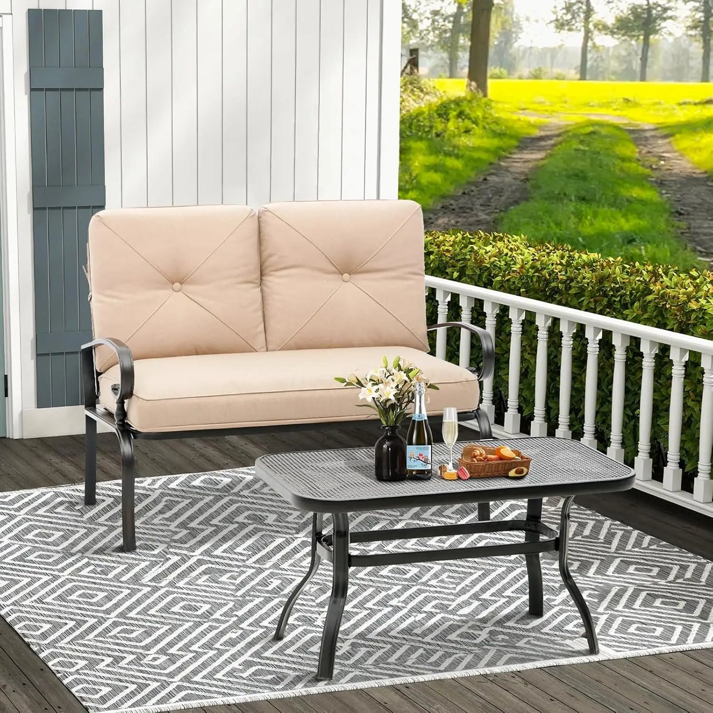 Outdoor Patio Loveseat Set with Thick Cushions and Coffee Table