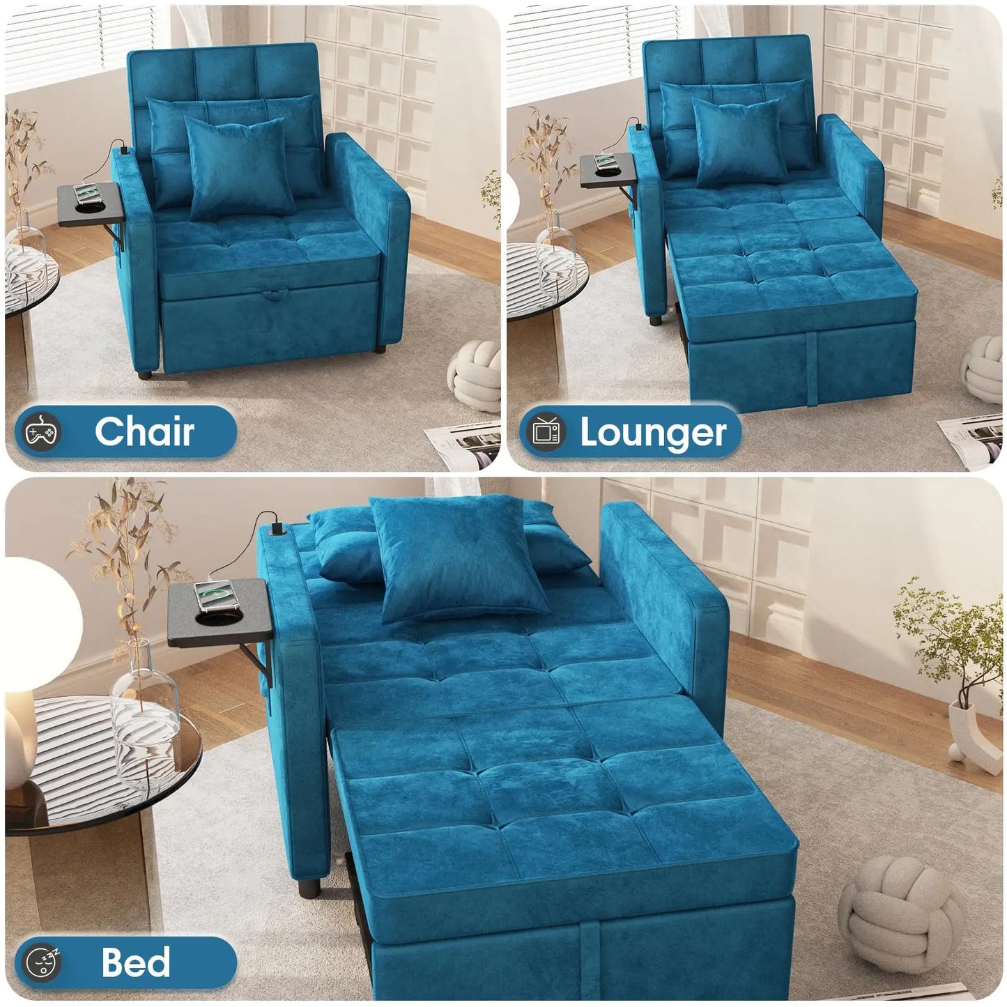 Ljustra Velvet Chaise Lounge Chair with USB Ports 3-in-1 Sofa Bed
