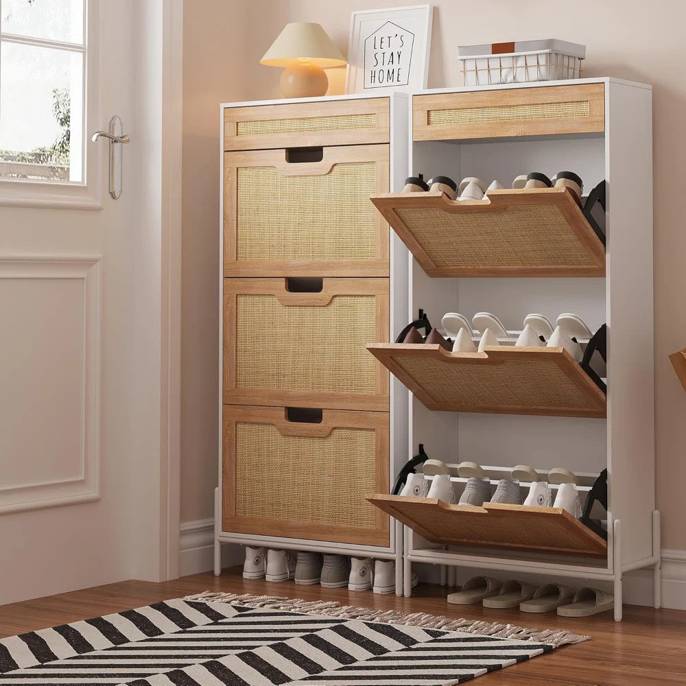 Shoe Cabinet Storage Organizer Rattan Entryway Freestanding Flip Drawers