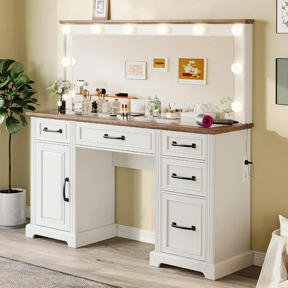55 Inch Farmhouse Vanity Desk with Mirror Lights Charging Station 5 Drawers