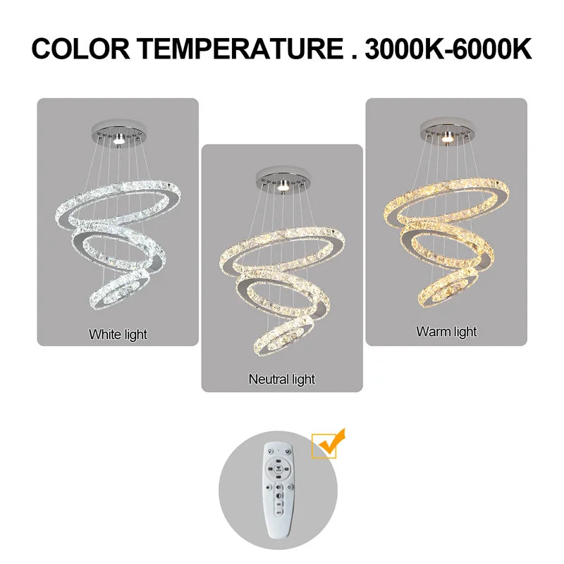Modern Crystal Rings LED Chandelier Luxury Ceiling Lamp Remote Control