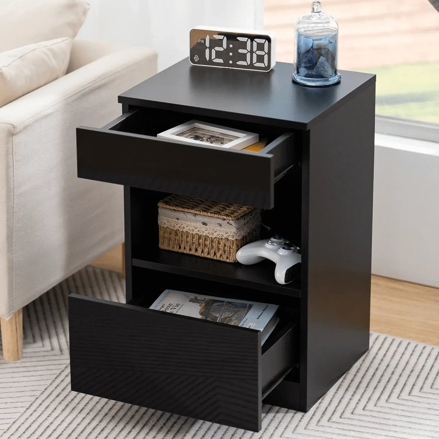 Modern Nightstand 2 Drawer Open Shelf Bedside Table High Gloss Storage