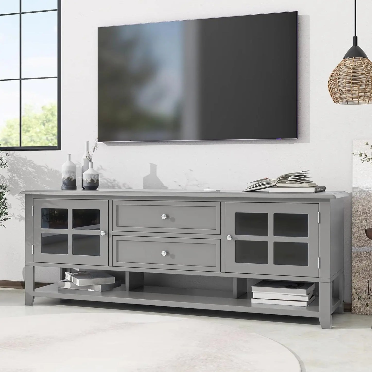 Mid-Century Modern TV Stand with Glass Doors and Drawers for 65 Inch TVs