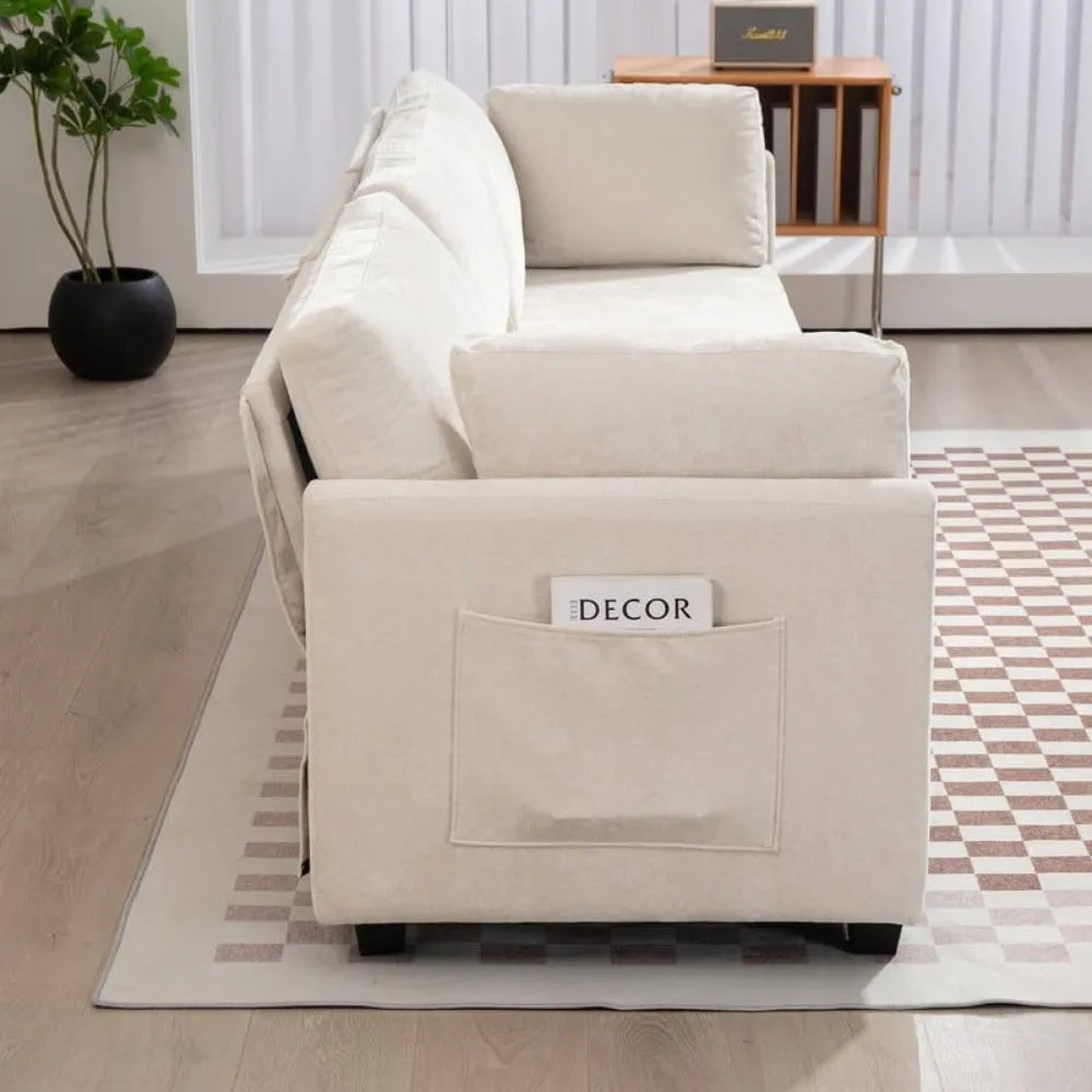 Modern 3-Seater Chenille Sofa Beige Deep Seat Couch with Cushions & Side Pocket