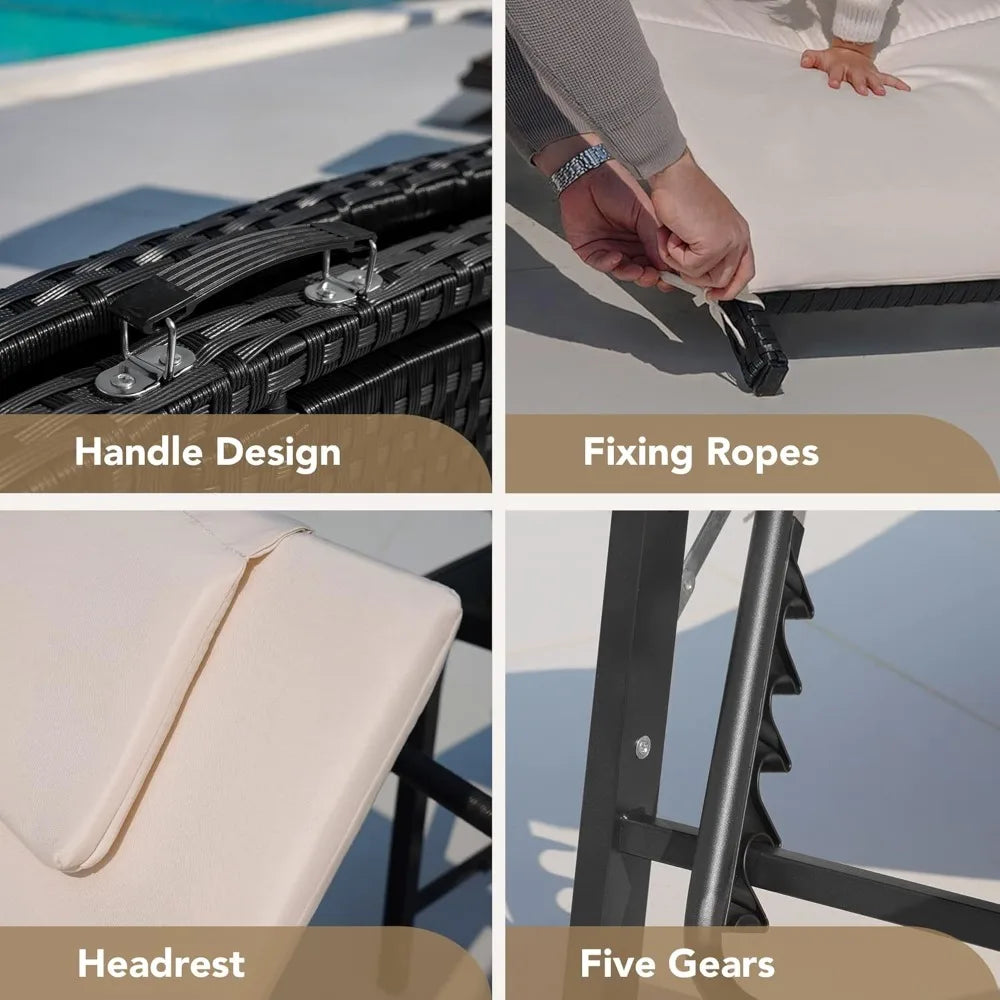 Ljustra Patio Chaise Lounge Set Outdoor Rattan Adjustable 3 Pieces