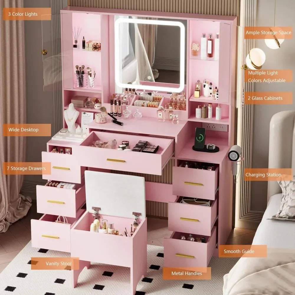 Makeup Vanity with LED Mirror Chair 7 Drawers RGB Cabinets White