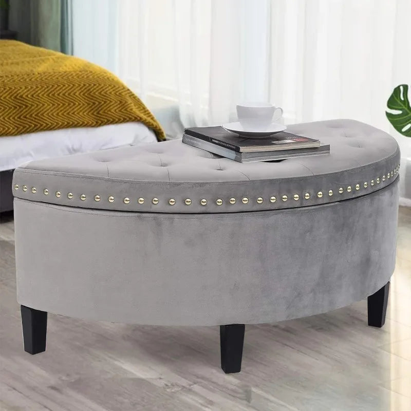 Tufted Lift Top Storage Ottoman Half Moon Footrest Stool Soft Seat