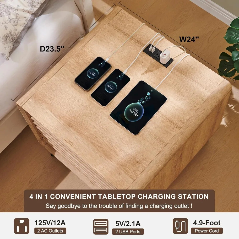 24 Inch Nightstand with Charger Mid Century Modern Fluted Side Table