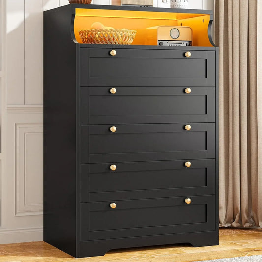 Ljustra 5 Drawer Tall Dresser with LED Lights for Bedroom Storage