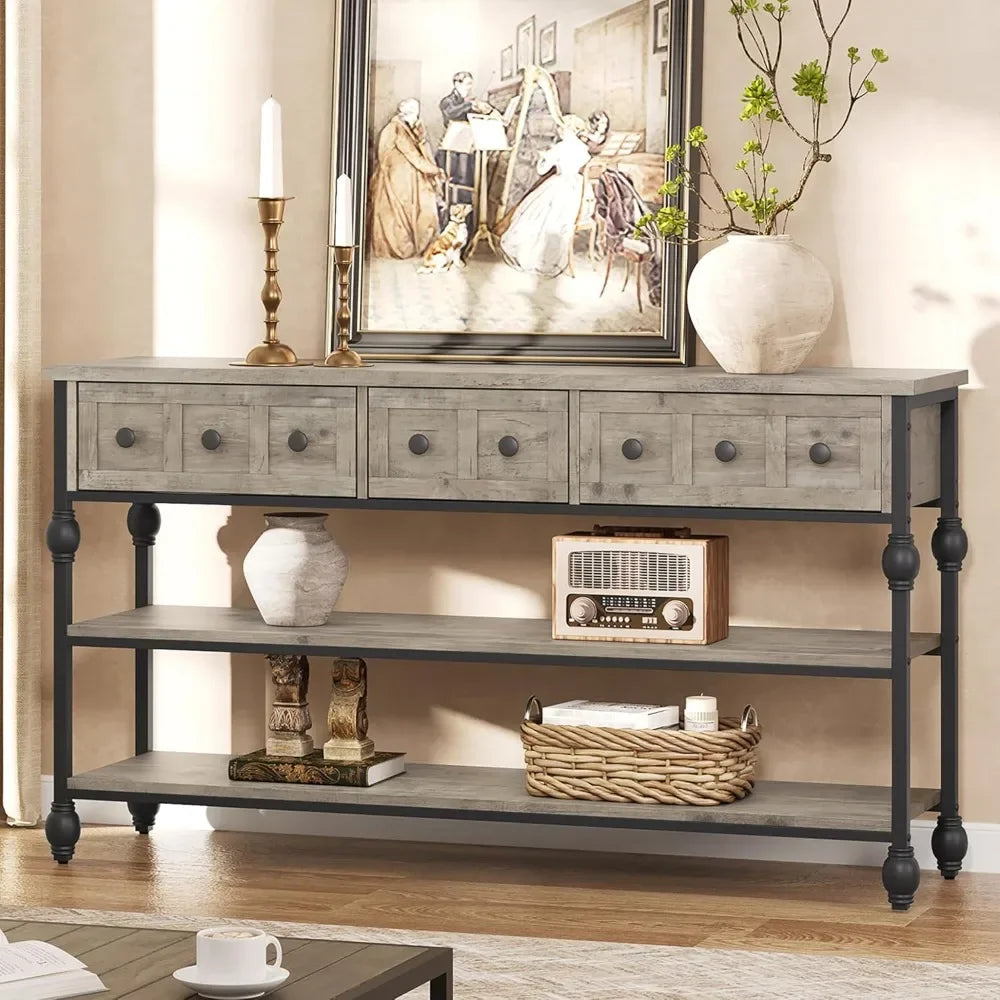 52 Inch Console Table Entryway Table with 3 Drawers and 3 Tier Design