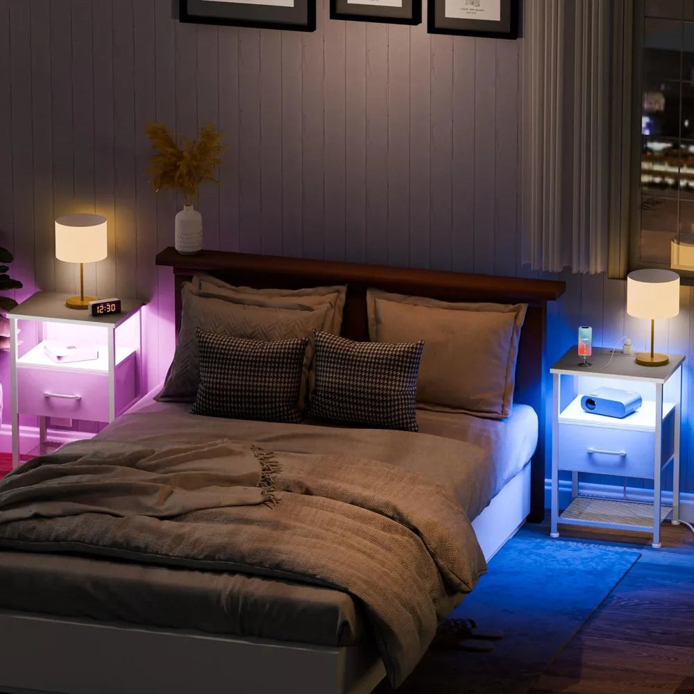 Nightstands Set of 2 with Charging Station LED Light Strip Modern Style