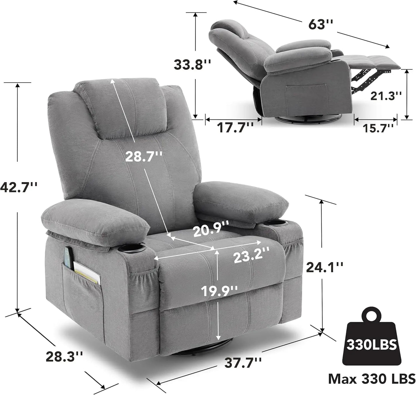 Swivel Rocker Recliner Chair with Heat Massage 360 Degree Swivel USB