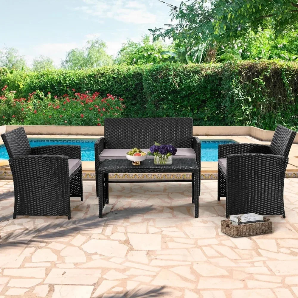 4 Piece Rattan Patio Furniture Set Outdoor Sectional Sofa Chairs Table