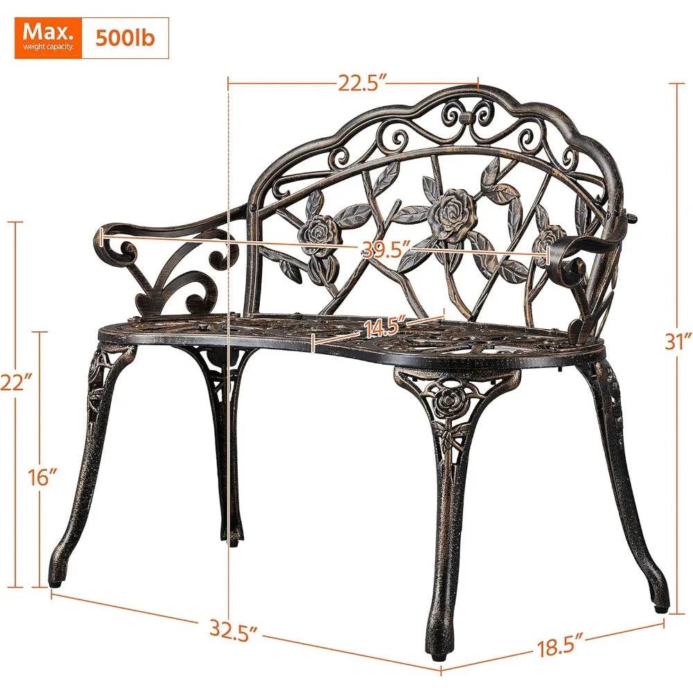 Ljustra Vintage Outdoor Garden Bench Metal Rose Design Patio Furniture