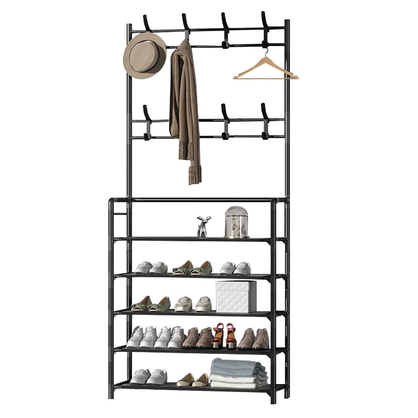 Modern Metal Coat Rack with Shoe Organizer for Hall Bedroom Storage