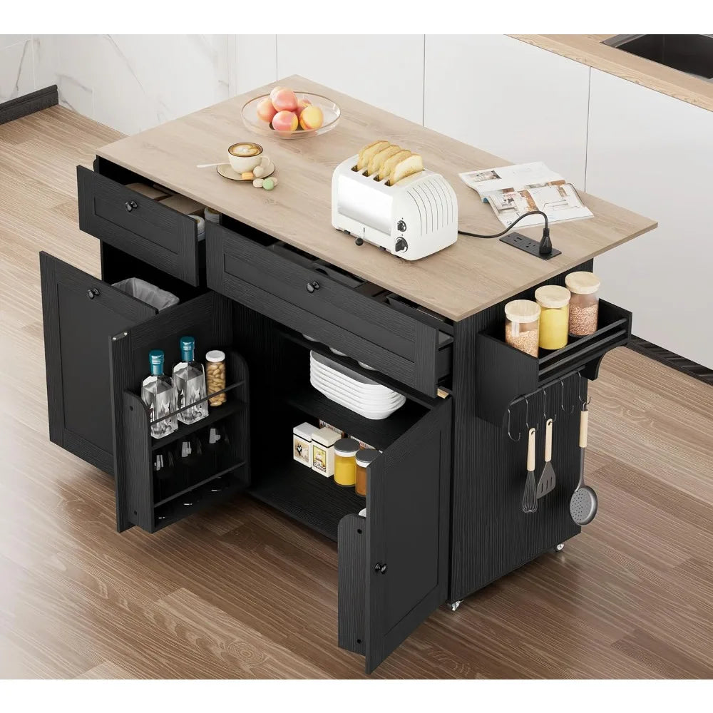 Kitchen Island with Storage on Wheels Drop Leaf Power Outlet Rolling Cart