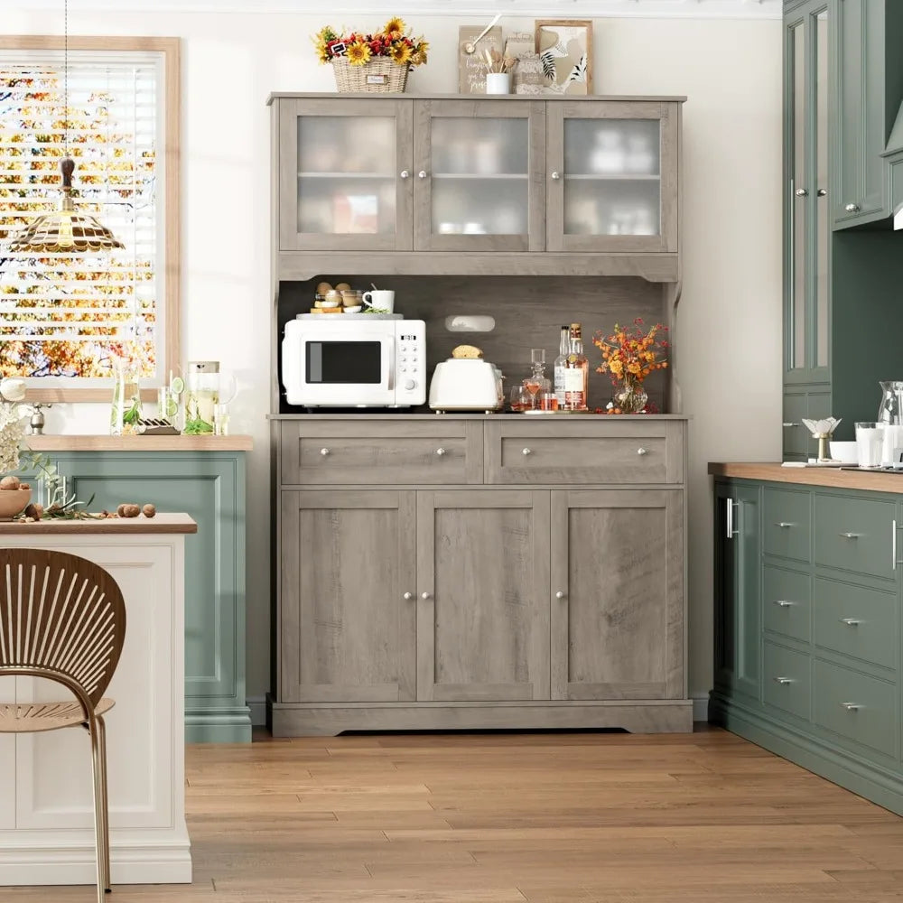 Tall Kitchen Pantry Cabinet with Countertop and Outlets Farmhouse Style