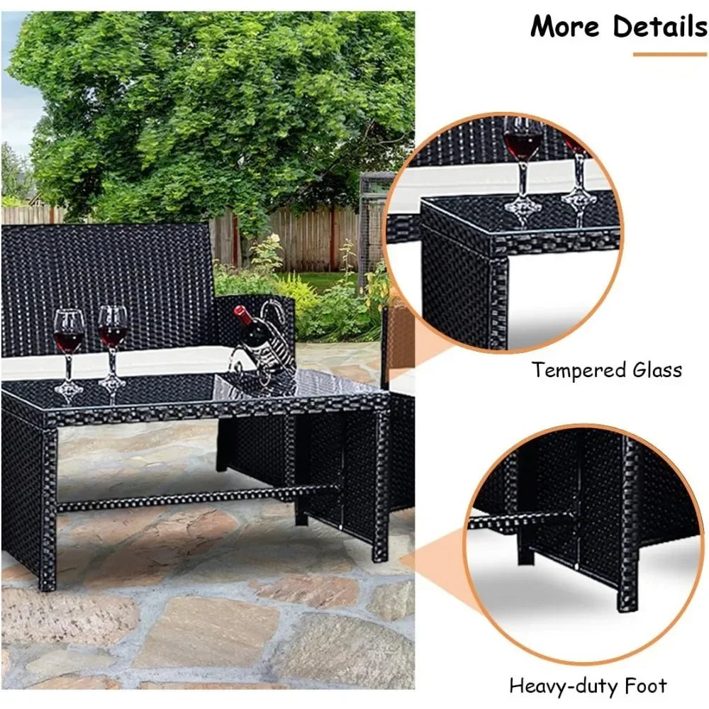 4-Piece Rattan Patio Furniture Set Outdoor Wicker Sofa Coffee Table