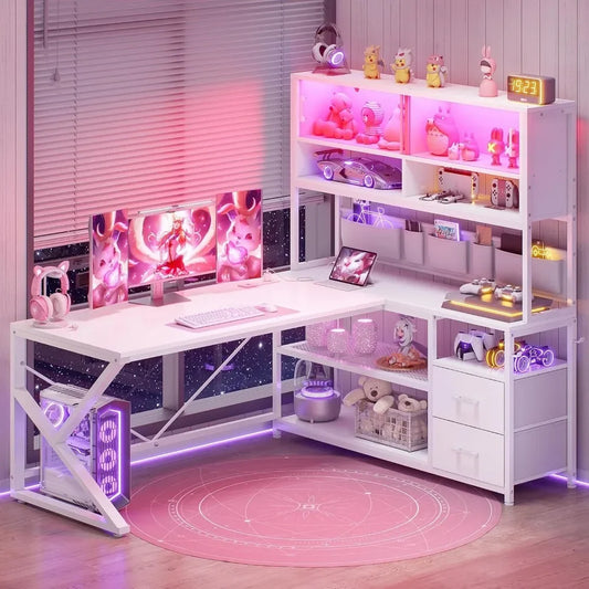 L Shaped Gaming Desk with LED Light 2 Drawers Bookshelf Corner Desk