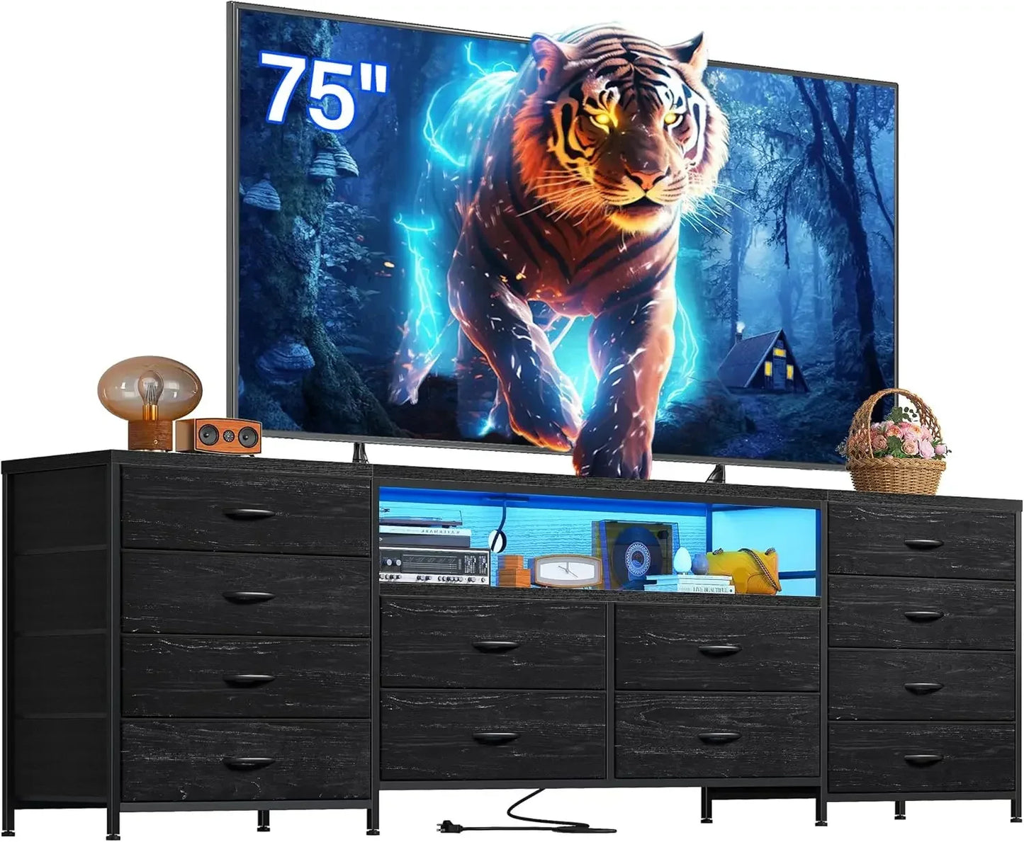 Ljustra 75 Inch TV Stand Dresser with LED Lights 12 Drawers and Outlets