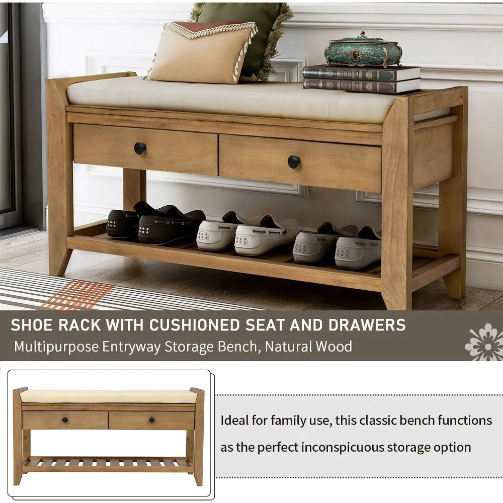 Entry Storage Bench Shoe Rack with Cushioned Seat and Drawers
