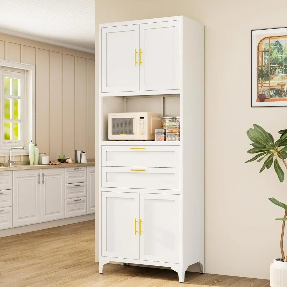 75 Inch Tall Metal Pantry Cabinet with Adjustable Shelves and Drawers