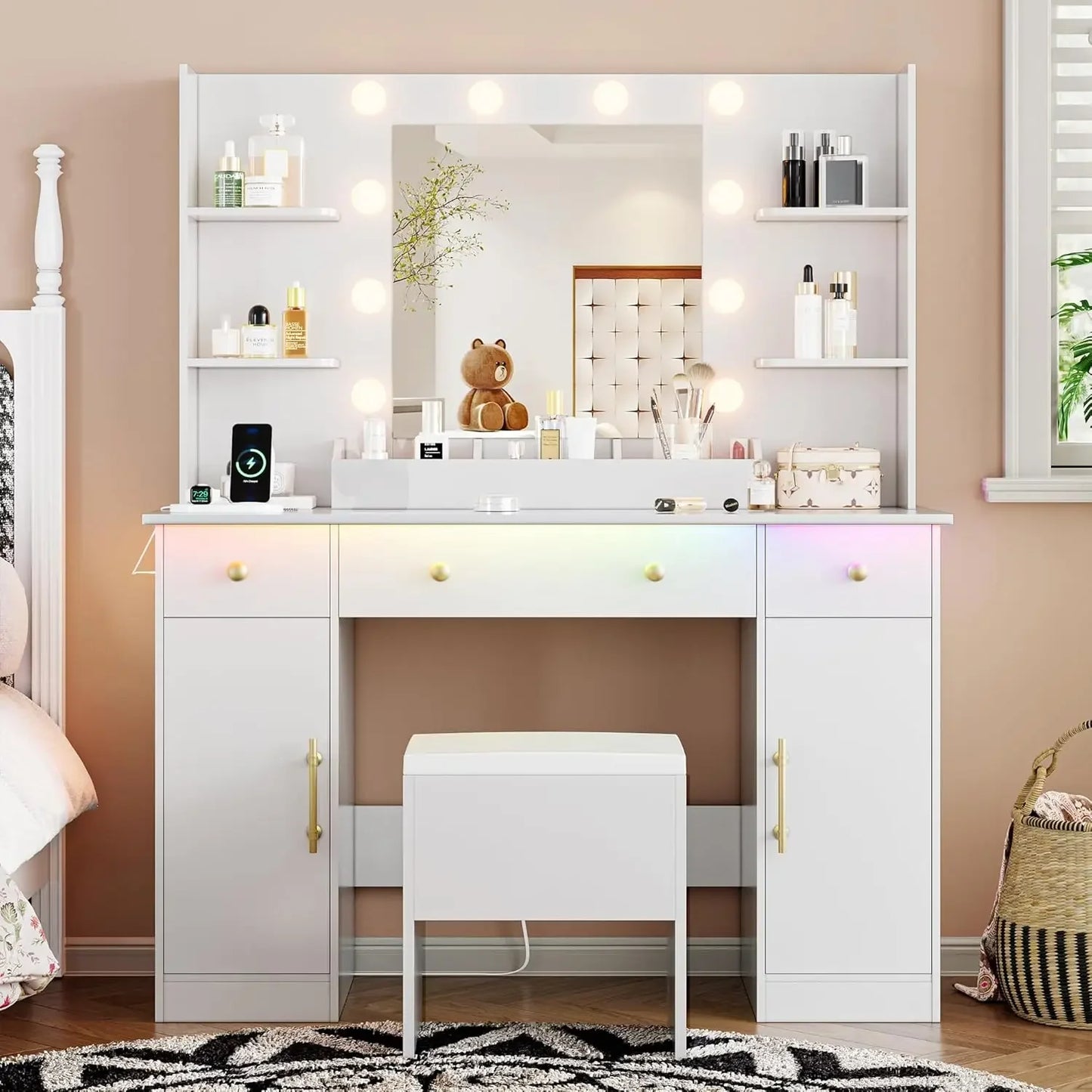 Vanity Desk with Mirror and Lights 43 Inch Makeup Table with Chair
