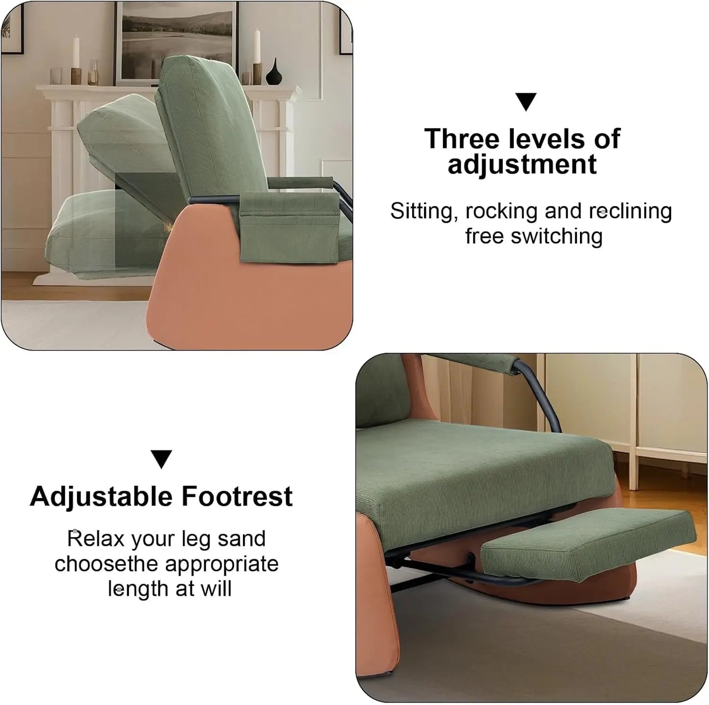 Ljustra Rocking Recliner Chair Modern Sofa Upholstered Glider 3 Levels