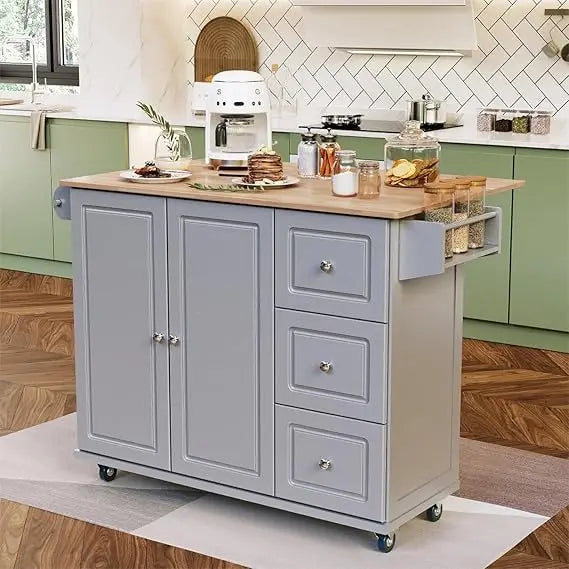 Rolling Kitchen Island on Wheels with Drop Leaf and Storage Drawers