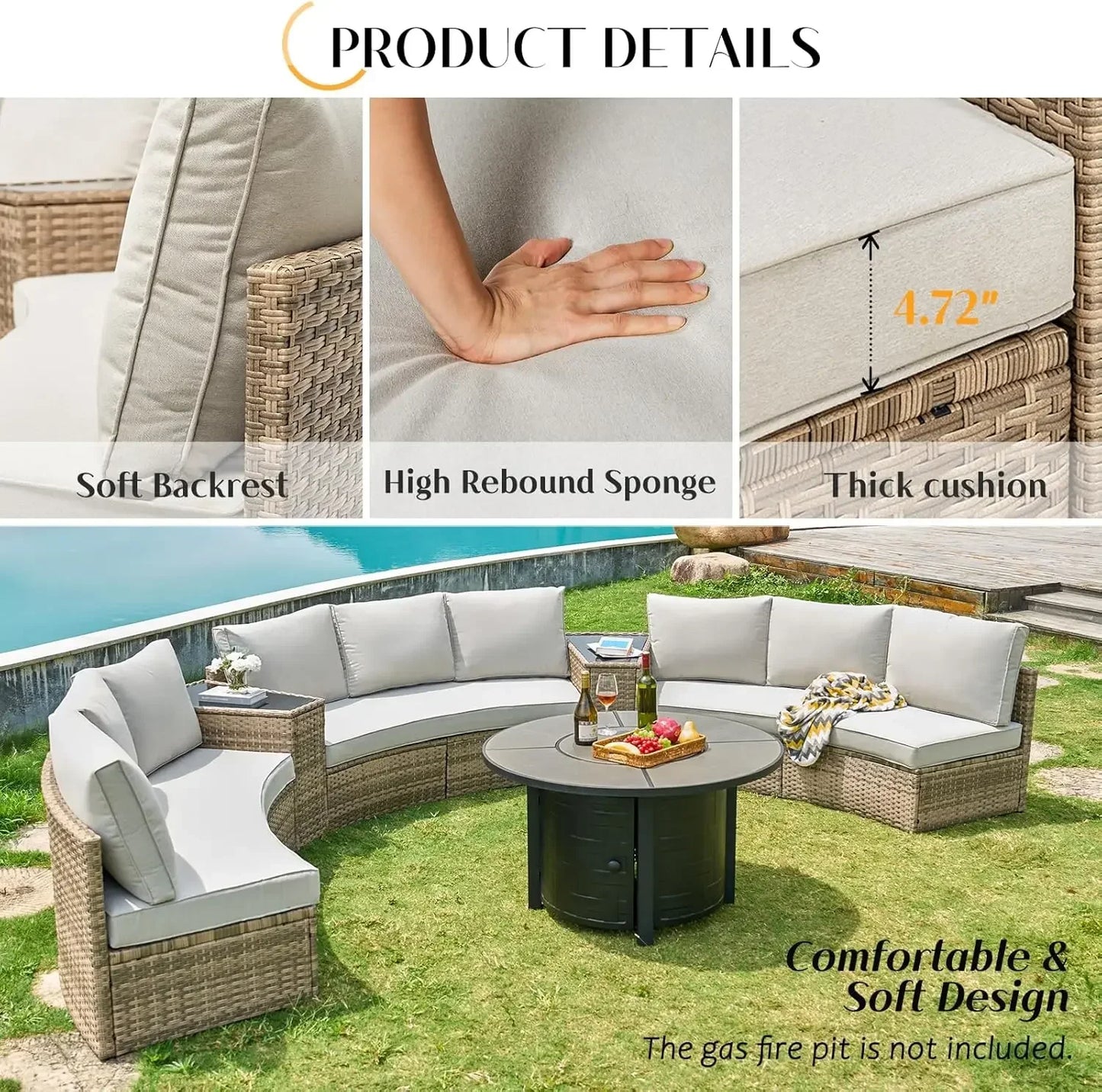 11 Piece Half-Moon Sectional Patio Conversation Set with Storage Table