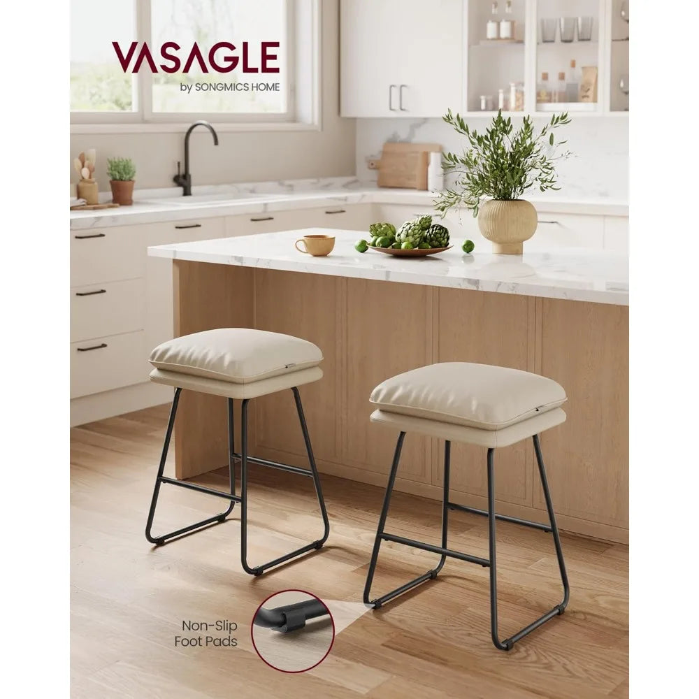 Bar Stools Set of 2 Counter Height Leather Cushion Metal Legs 25.6 In