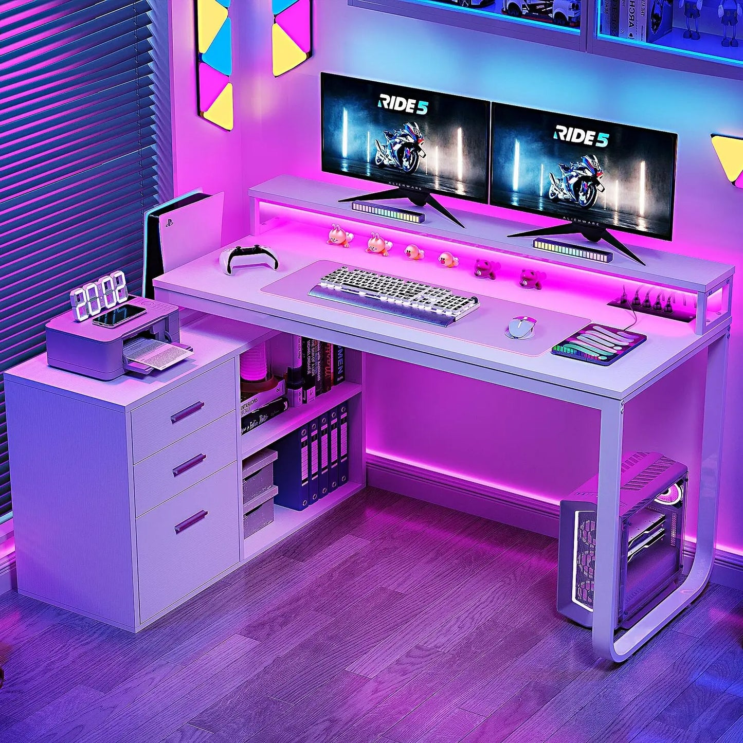 L-Shape Gaming Computer Desk with File Drawers for Home Office