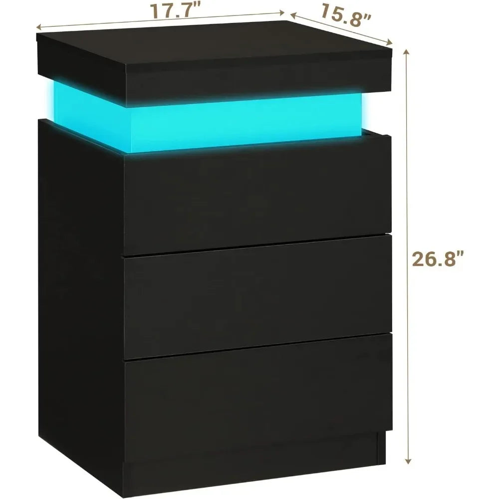Nightstand with Charging Station LED Lights Modern Bedside Table Storage
